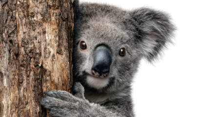 Adorable koala resting calmly on tree branch with natural wildlife details and soft textured fur isolated on white background