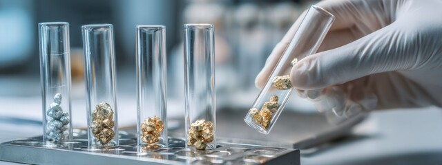 Closeup of metallic mineral samples placed in transparent test tubes, scientist hand with protective glove handling sample, concept of deep sea exploration, geology, banner