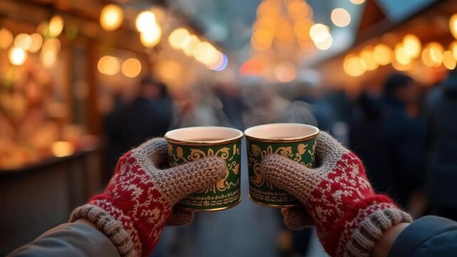 Two hands in knitted mittens holding mugs of hot cocoa with festive patterns, steam rising in front of blurred Christmas market lights. Warmth and comfort in a holiday crowd.
