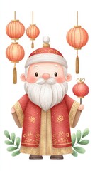 Chubby Santa Claus Wearing Traditional Red and Gold Chinese Attire Holding a Lantern
