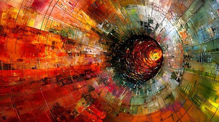 Vibrant Abstract Digital Art Tunnel with Geometric Patterns and a Blazing Vortex Effect