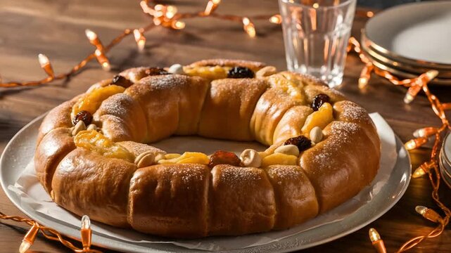 4K Ultra-Realistic Cinematic Rosca de Reyes Sweet Bread with Festive Lights and Cozy Atmosphere