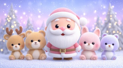 Fototapeta premium Cute Santa Claus and Animal Friends in Snowy Winter Forest with Twinkling Lights