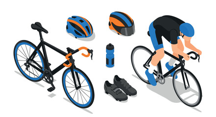Obraz premium Isometric cyclist equipment set with helmet, bike, and accessories in modern blue and orange