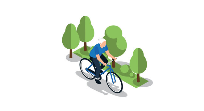 Isometric elderly cyclist riding bike through park with trees