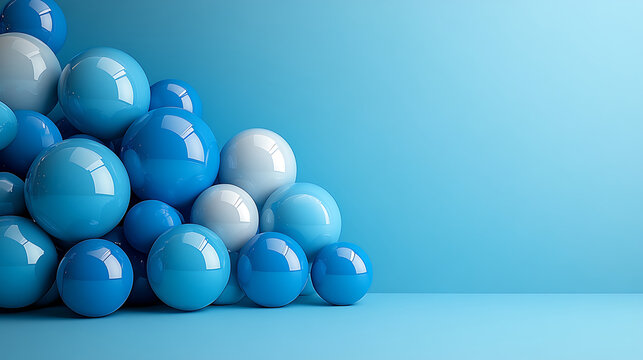 Abstract background featuring a collection of glossy spheres and colorful balls creating a dynamic geometric pattern with ample copy space on a vibrant blue backdrop