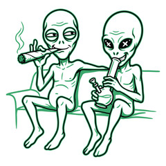 Two Aliens Sitting on Couch Smoking Joint and Bong Green Line Art Vector