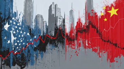 Economic Tension Symbolized by US and China Flags Over a City Skyline Showing Varying Trade Dynamics