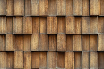Fototapeta premium Textured wood wall design great for interiors. Geometric blocks create depth, modern look. Highlight wooden wall enhancing modern design. Embrace wood wall, create depth. It is wooden wall.