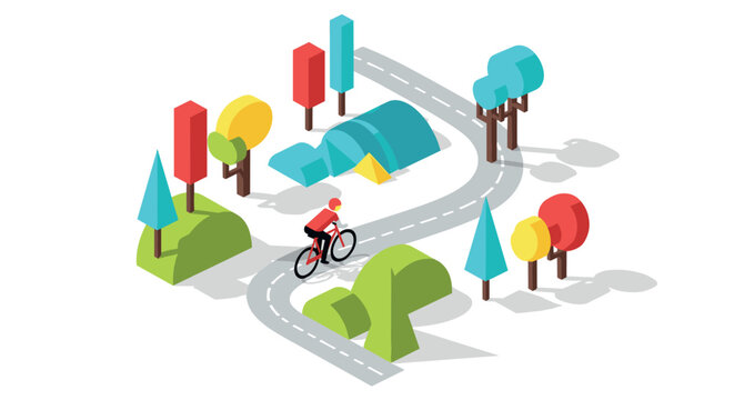 Cyclist exploring vibrant isometric camping landscape with trees and tents