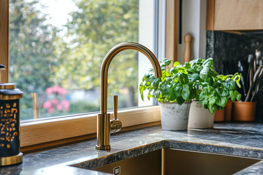 Minimalist country home shows warm light and simple kitchen design. Brass faucet and flower vase for rustic kitchen. Capture home, and cozy space by adding nature. Enjoy home decor, it gives home. - Powered by Adobe