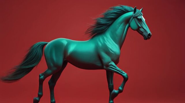 Isolated vector silhouette of a running brown stallion on white or black background for farm or equestrian illustration. Elegant Horse with jade-green accents against red background.