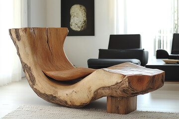 Wooden couch exhibits unique design, interior featuring natural style, crafted handmade touches showcase furniture's artistic nature, creating decor art piece.