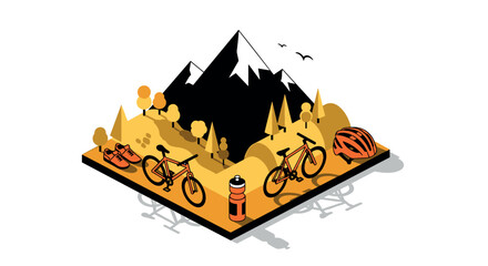 Obraz premium Isometric mountain biking adventure design with gear and scenic landscape