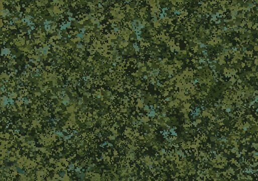 Abstract camouflage pattern with green, yellow, and blue pixelated shapes