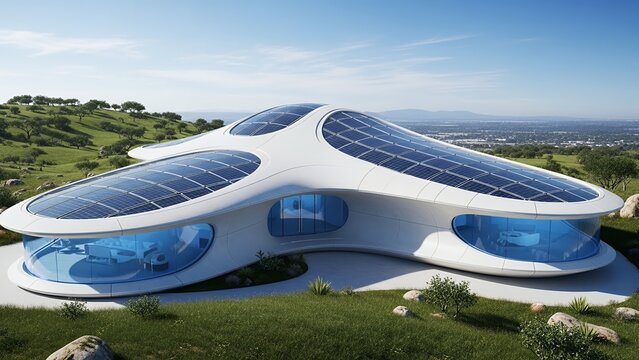 Ultra-modern eco house with futuristic curved structure and extensive solar roof panels in green landscape.  
 - Powered by Adobe