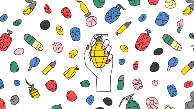 Human hand releasing detailed grenade with vibrant pink abstract coloring and dynamic artistic motion effect isolated on white background