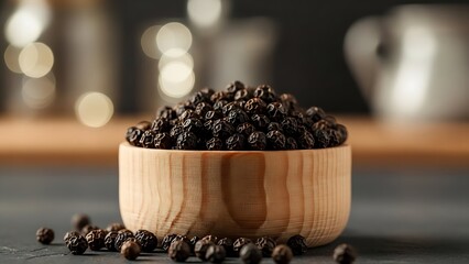 Elevate your culinary creations with this rustic wooden bowl filled with aromatic black peppercorns, ready to add a spicy kick to your gourmet recipes and bring warmth to your food photography