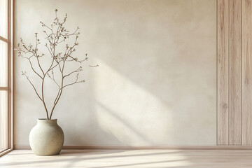 Stylish interior design creates cozy, inviting decor with vase, styled near light from window, showcasing clean, simple home in modern, minimalist apartment and space