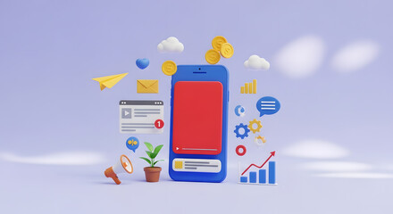 Smartphone displaying a video player screen surrounded by floating digital marketing and social media icons