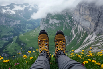 Mountain view showcases feet, enjoying adventure on hiking trip with lake below. Experience the freedom journey and the beauty of travel, destination and outdoor peak scenery.