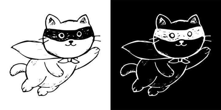 Cute flying superhero cat wearing a mask and a cape vector character hand drawn.