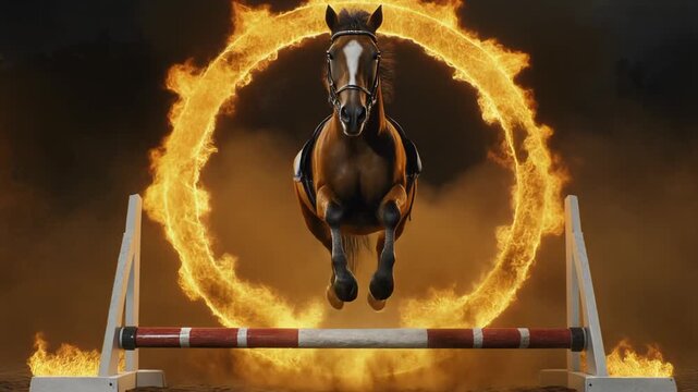 Fire and smoke surround a brown horse sculpture, an artistic figure in the park. Horse jumping through a ring of gold fire.