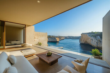Modern livingroom features large sofa facing ocean view through glass doors, creating luxury tropical escape with bright natural light and dramatic island scenery.
