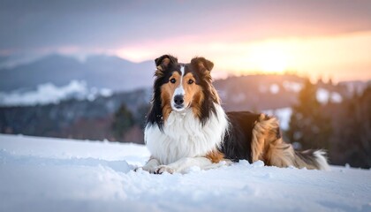 A beautiful, tricolor canine lies peacefully in a snowy landscape during a stunning winter sunset. Mountain peaks are in the distance