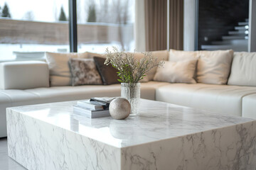 Elegant modern interior showcasing marble design on wall and table set against white sofa creates clean and luxurious space perfect for a stylish home and apartment living.