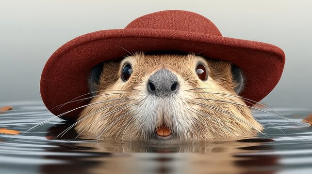 Cute cartoon beaver wearing a red hat, peeking out of calm water, surrounded by gentle ripples and soft reflections, showcasing a playful and whimsical nature scene - Powered by Adobe