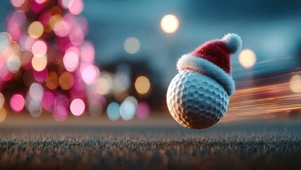 Festive golf concept featuring a golf ball wearing a Santa hat
