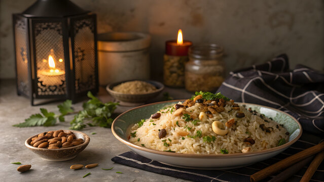 A plate of Mansaf rice topped with nuts and herbs ready to eat