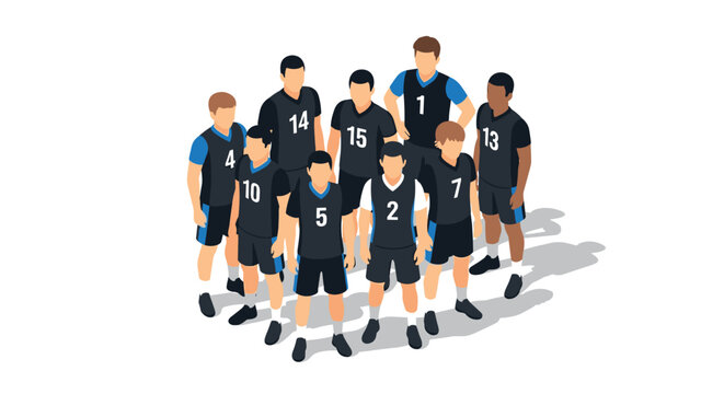 Diverse isometric soccer team in black jerseys with blue accents on white background