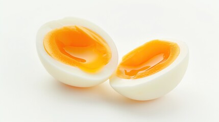 Hard-boiled egg sliced in half with clean cross section, isolated on pure white background and clipping path for food nutrition or cooking concept.