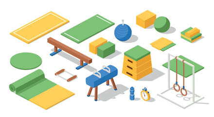 Isometric gymnastics equipment with colorful mats and tools for fitness training