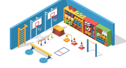 Obraz premium Isometric sports equipment in gymnasium with basketball hoops and storage shelves