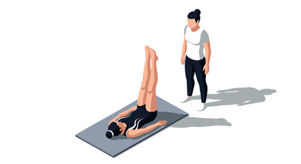 Isometric fitness training: two women in yoga workout session on mat