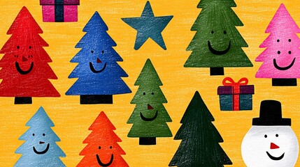 Fototapeta premium Colorful illustration of cheerful Christmas trees, presents, and a smiling snowman on a vibrant yellow background, creating a festive and joyful holiday atmosphere with playful elements