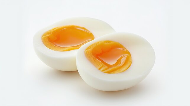 Hard boiled eggs sliced in half revealing yolk isolated on white background with clipping path for food or nutrition concept.