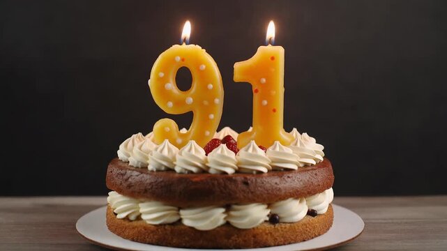 Decorated cake with candle in number 91. Video for birthday or anniversary party and celebration