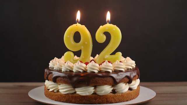 Decorated cake with candle in number 92. Video for birthday or anniversary party and celebration