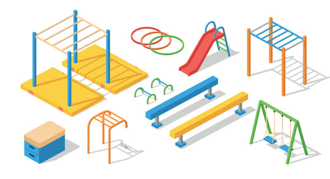 Colorful isometric playground equipment featuring slide, swing, and climbing frames