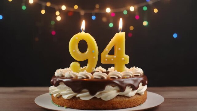 Decorated cake with candle in number 94. Video for birthday or anniversary party and celebration