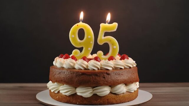 Decorated cake with candle in number 95. Video for birthday or anniversary party and celebration