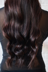 Obraz premium woman with long, wavy dark hair stands with her back to the viewer. hair flows smoothly, showcasing its bounce and shine in a calm, indoor space