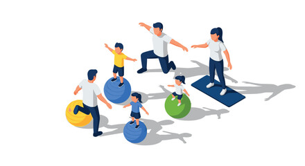 Family fitness fun: parents and kids exercising with balance balls in isometric style