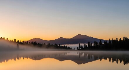 Obraz premium Serene Lake Reflection at Dawn - A Tranquil Mountain Landscape.