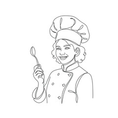 Naklejka premium Line art illustration of a female chef with spoon woman cook baker continuous one drawing minimalist culinary kitchen