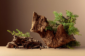 Juniper branches with berries and old wooden snags on a beige background.